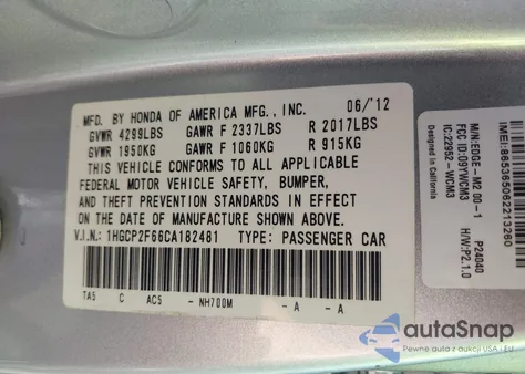2012 Honda Accord 2.4 Se from USA, damaged, VIN 1HGCP2F66CA182481